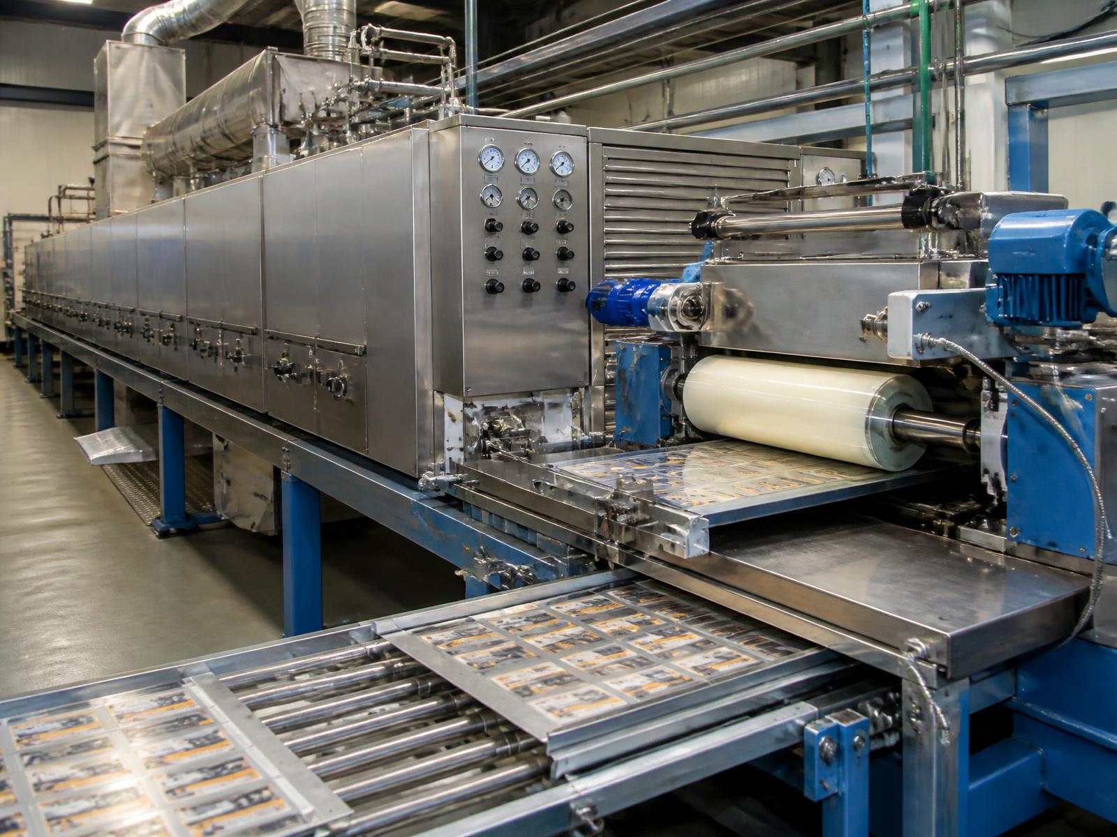 Coating line applying lacquer to printed metal sheet before the curing oven